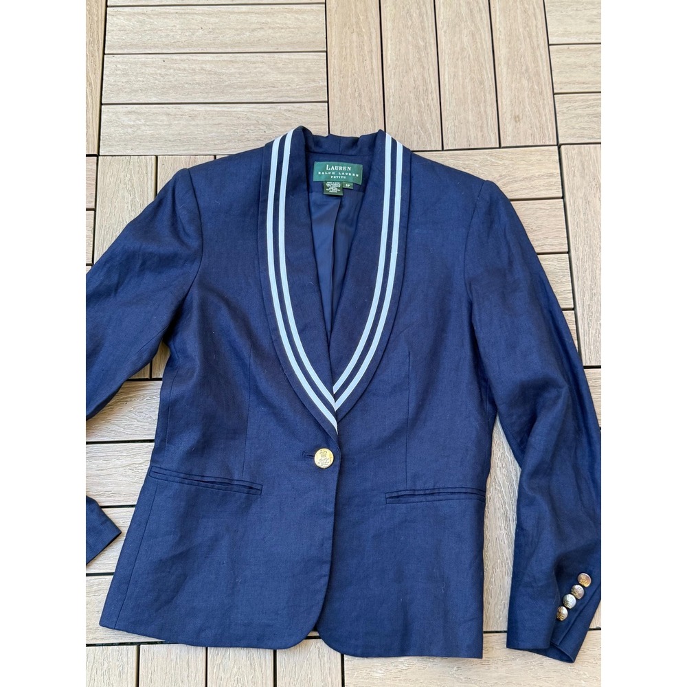 1990 Lauren Ralph Lauren navy blue linen nautical single button blazer - Picture 7 of 10